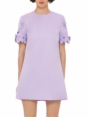 Lilac Short-Sleeve Mini Dress with Floral-Appliqué Sleeves